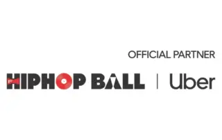 Logo des HipHop Ball Berlin mit schwarzer Schrift, roter Schallplatte im Schriftzug und Uber-Partnerhinweis.